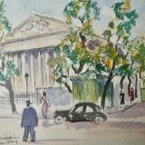 Watercolor painting of the Place de la Madeleine in Paris, 50s