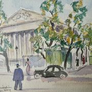 Watercolour painting of the Place de la Madeleine in Paris, 1950s.