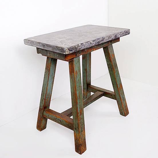 Industrial Console/table bluestone top and green weathered wood