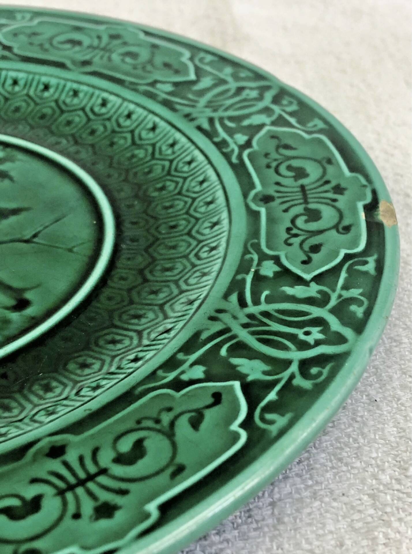 3 fruit plates Sarreguemines majolica shaded enamel Rubelles