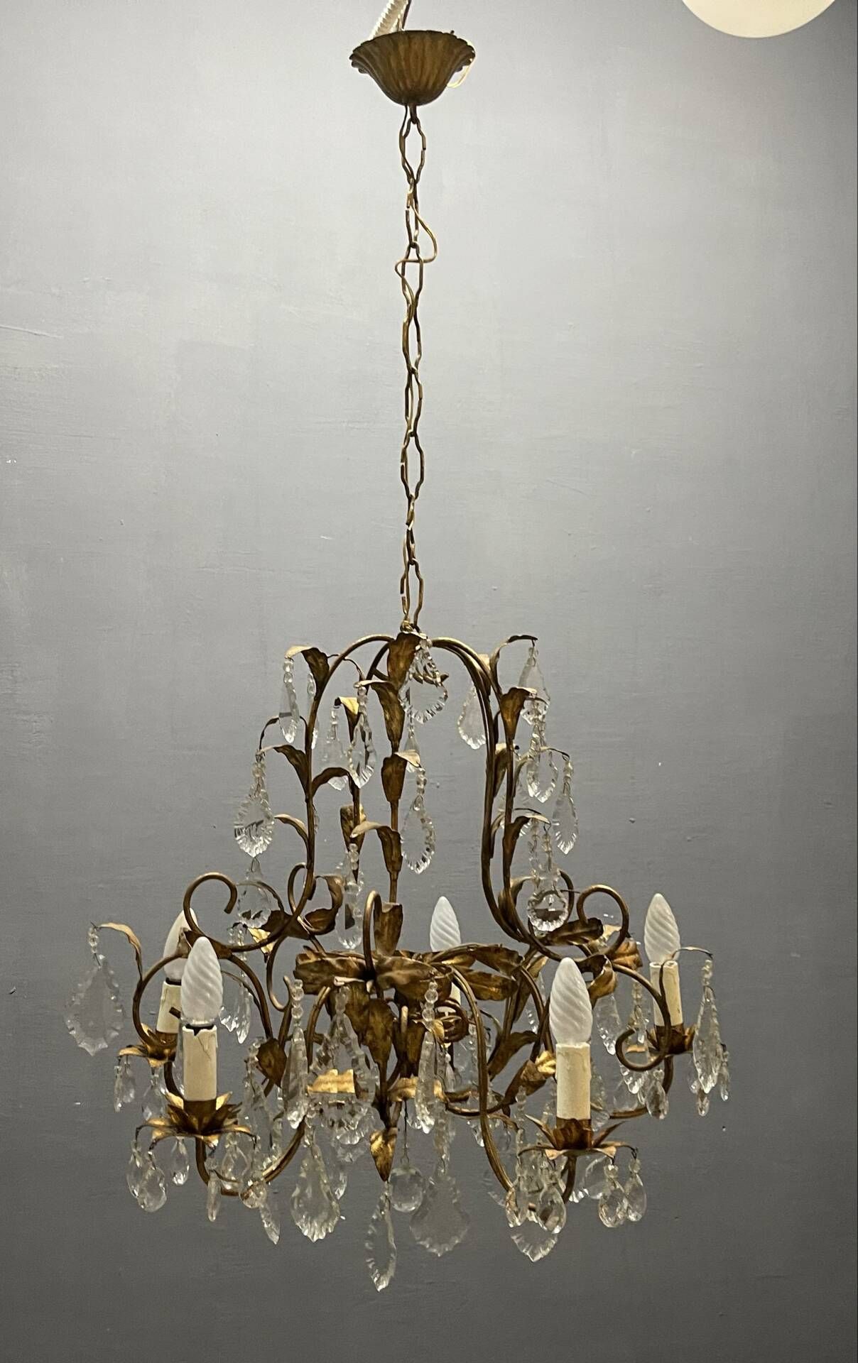 Vintage Italian Florentine Gold Gilt Tole Chandelier 1950’s 