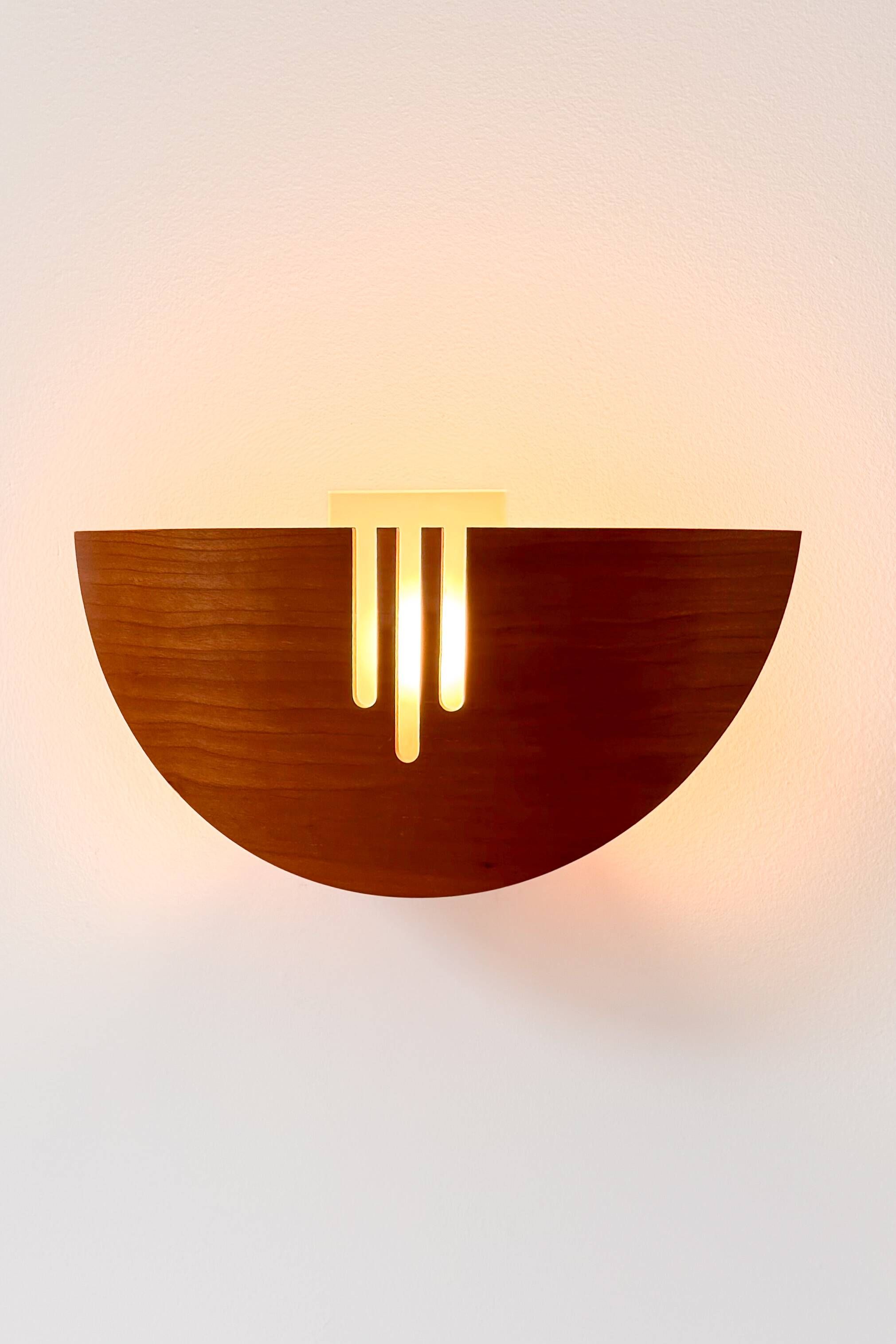 Pair of vintage wall lights in wood and glass, France 1970.