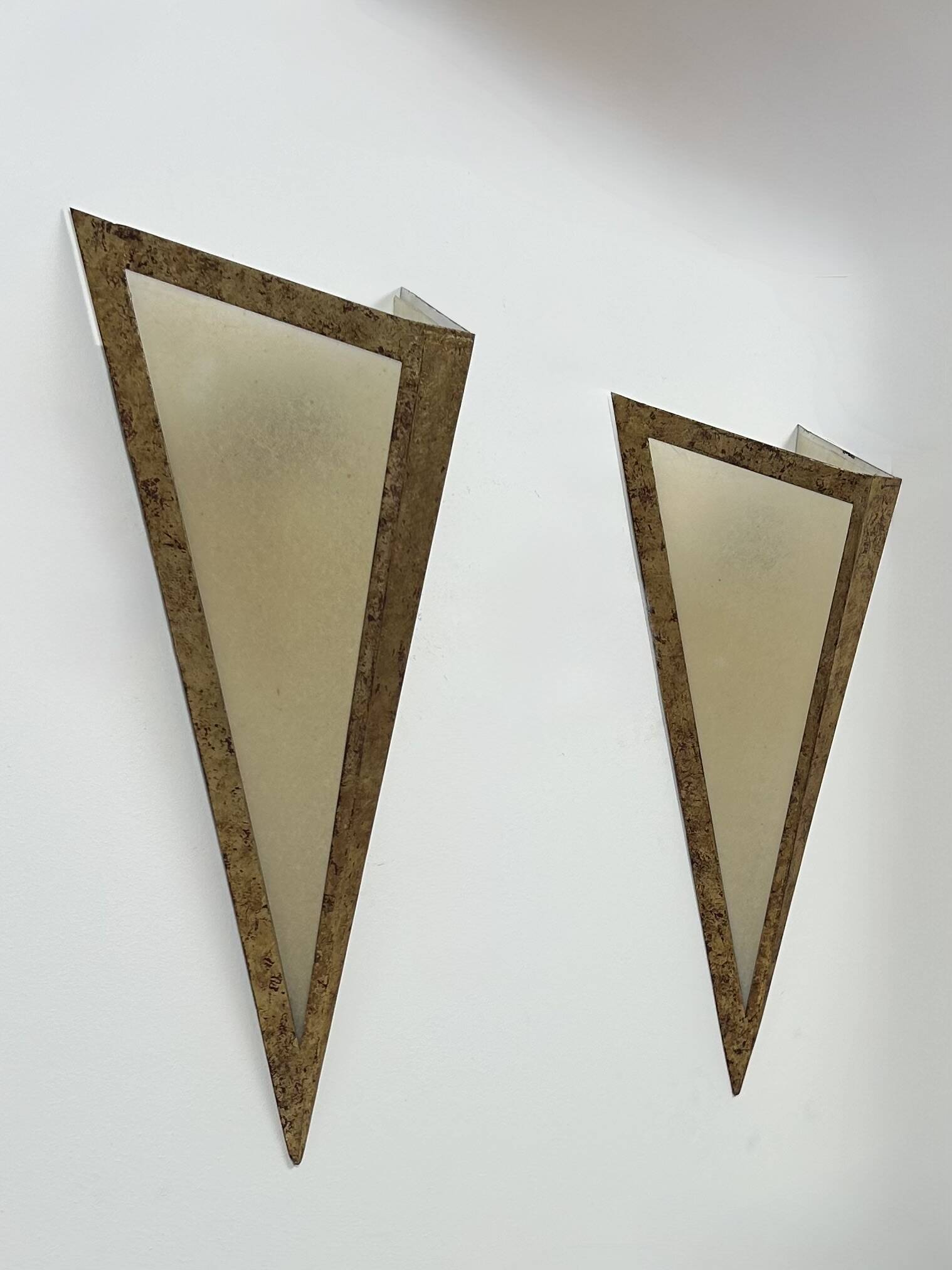 Pair of XL vintage wall lights in gilded metal and parchment, France, 1970.