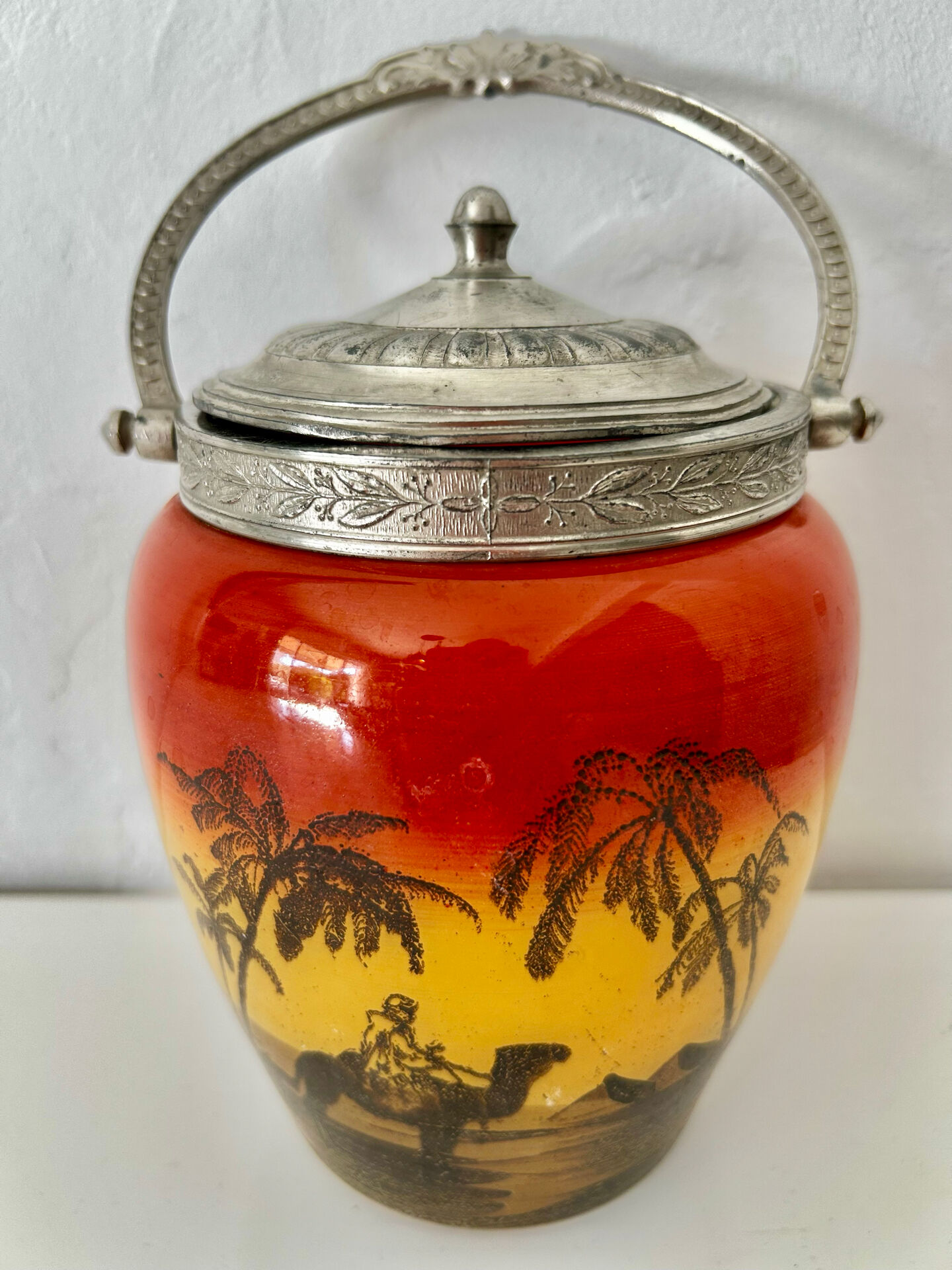 Art Deco biscuit jar in tango orange glass - Egypt Desert decor
