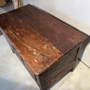 Rustic antique oak chest, original fittings and moulded panels.