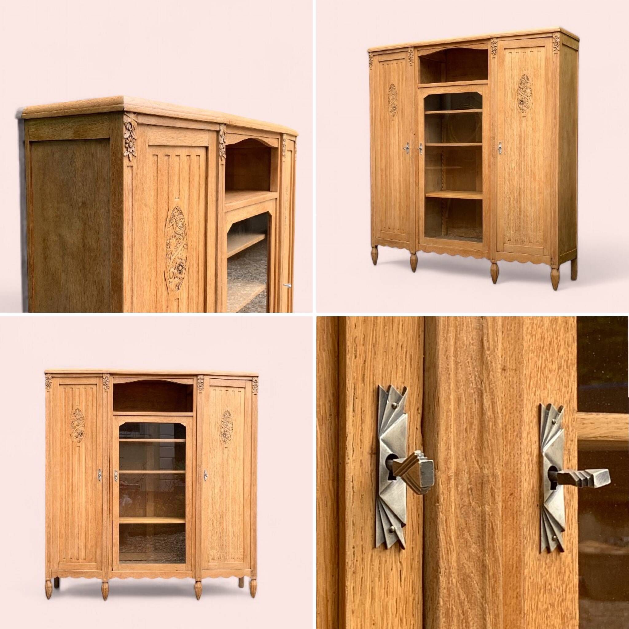 Asymmetrical Art Deco glass-fronted Parisian wardrobe in raw oak, 1930.