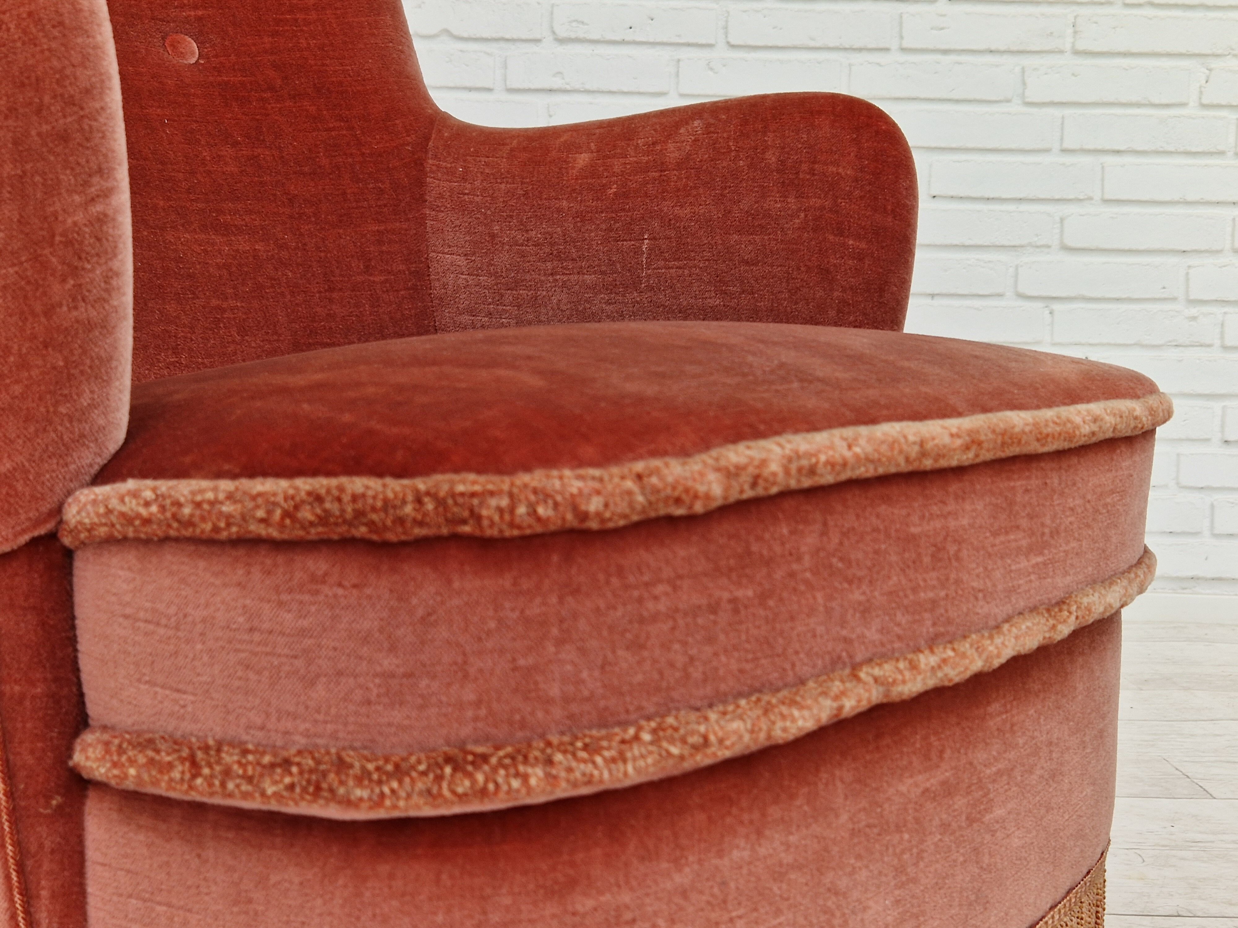 1970s, Danish set of two velour armchairs, original condition, beech wood.