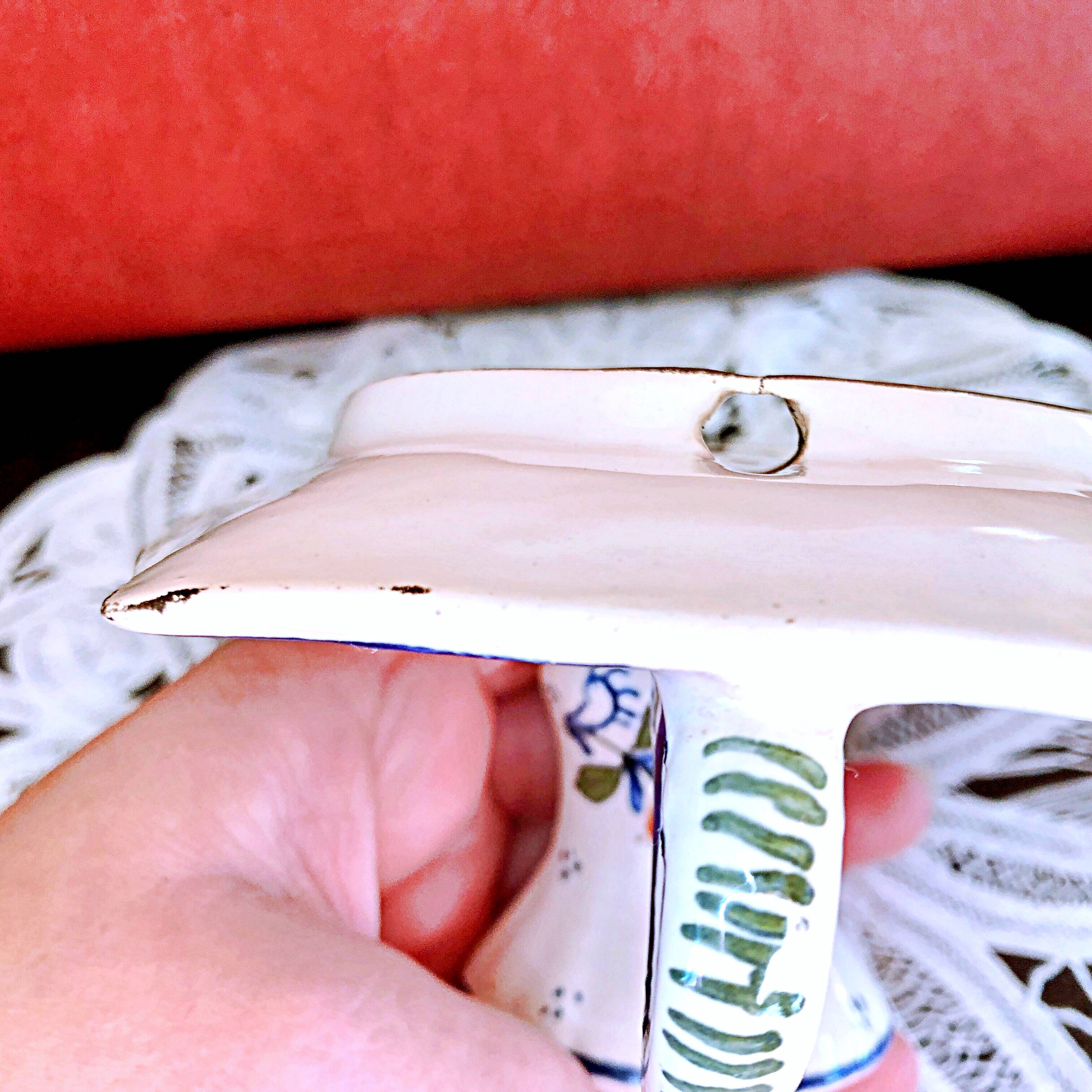 Handcrafted enameled ceramic candle holder signed vintage Rouen style decor