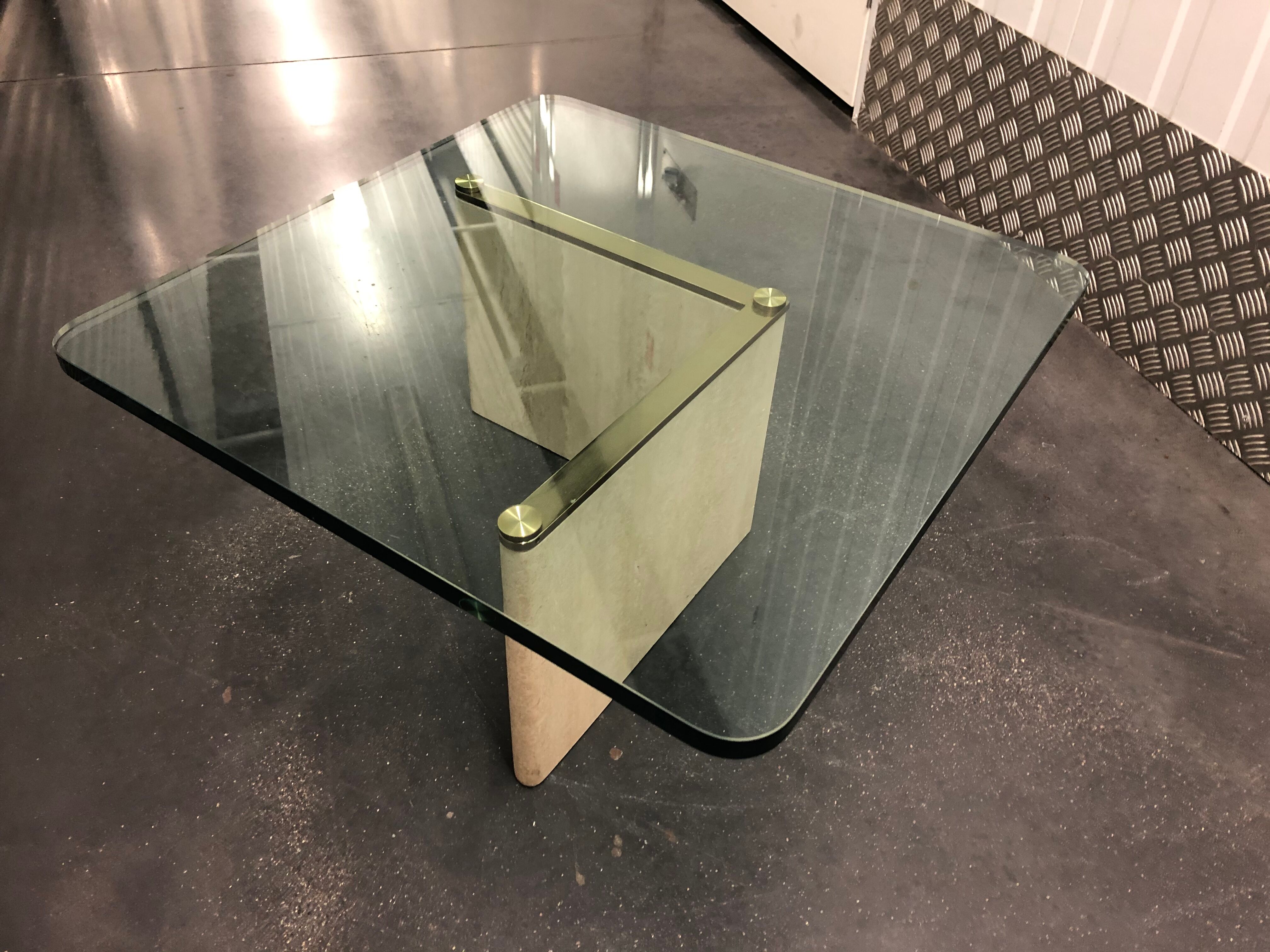 Square travertine vintage bass tabke and glass slab around 1970