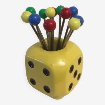 Aperitif cocktail pick - snail pick - ceramic - yellow playing dice - vintage -