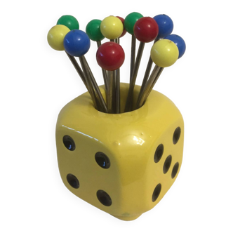 Aperitif cocktail pick - snail pick - ceramic - yellow playing dice - vintage -