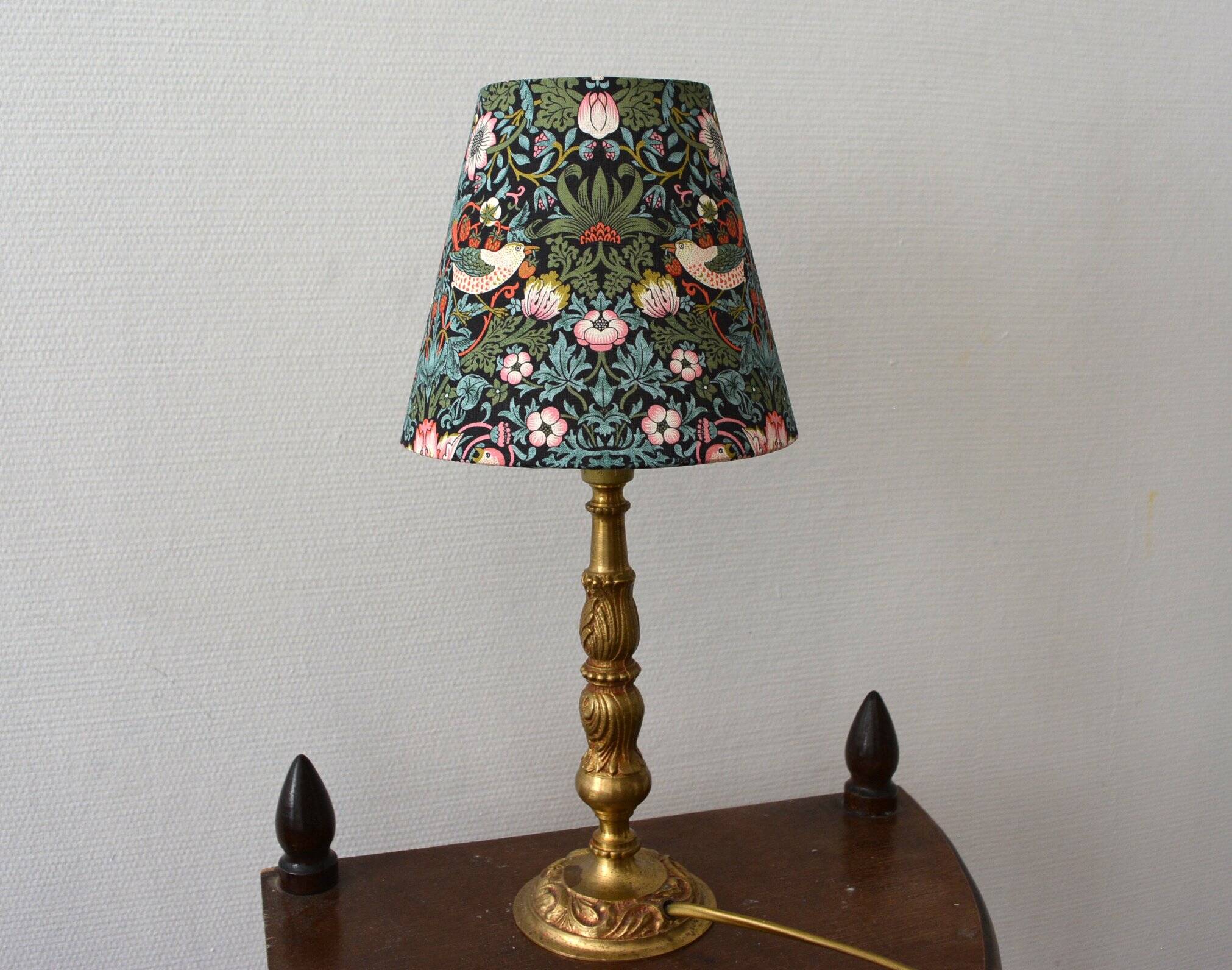 William Morris style lampshade, birds, strawberries, flowers.