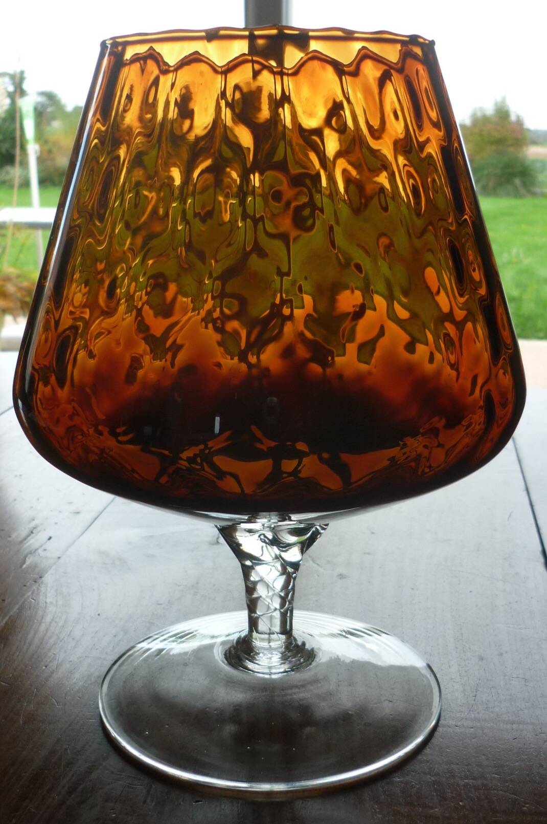 Vintage amber & clear glass footed vase
