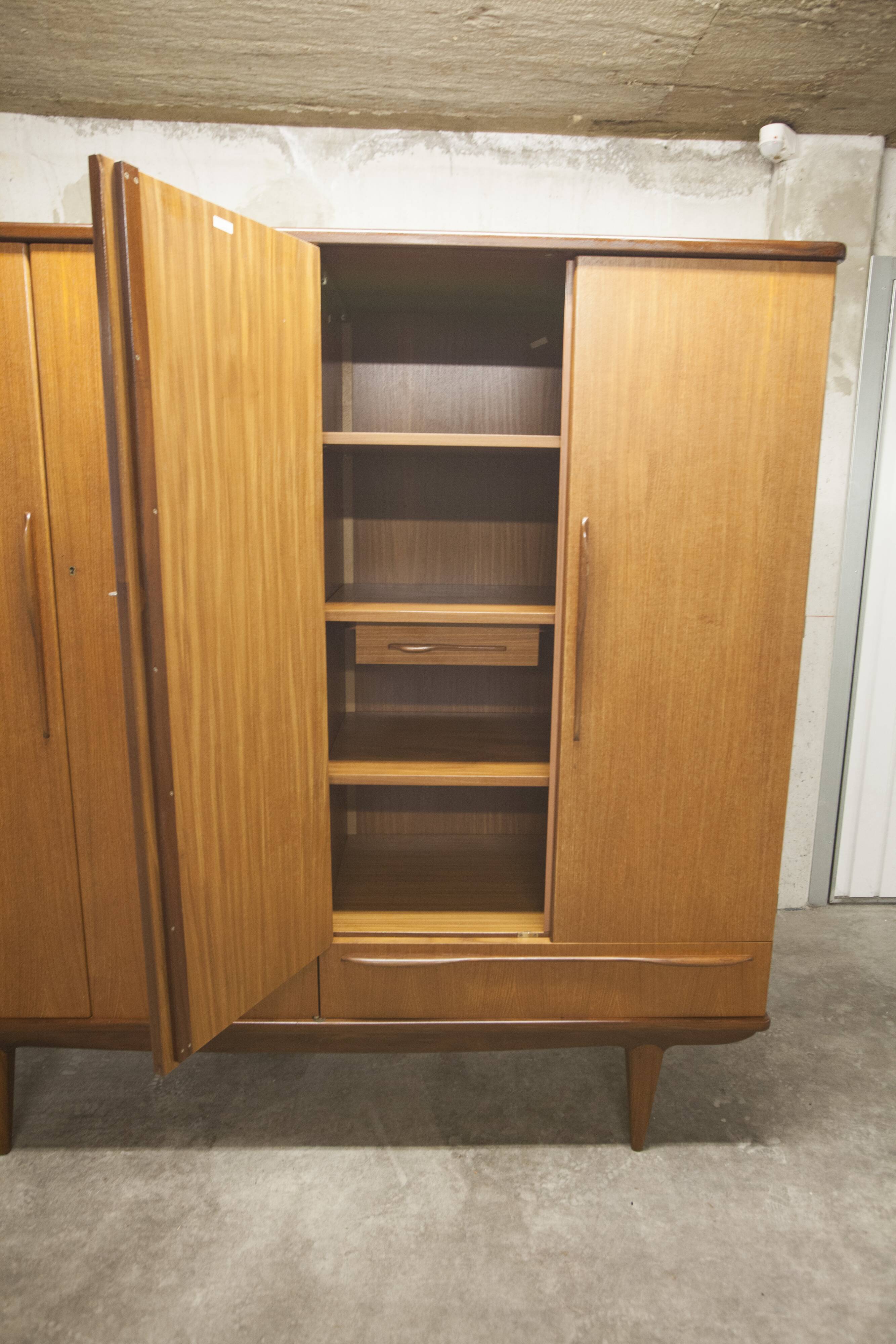 Scandinavian wardrobe 1960 teak 4 doors, 3 drawers, 2keys