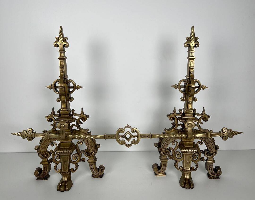 Important Renaissance Style Bronze Fireplace Set with Bar