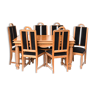 Brutalist style dining room including a table and six chairs