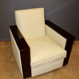 Pair of art deco armchairs in rosewood and beige leather