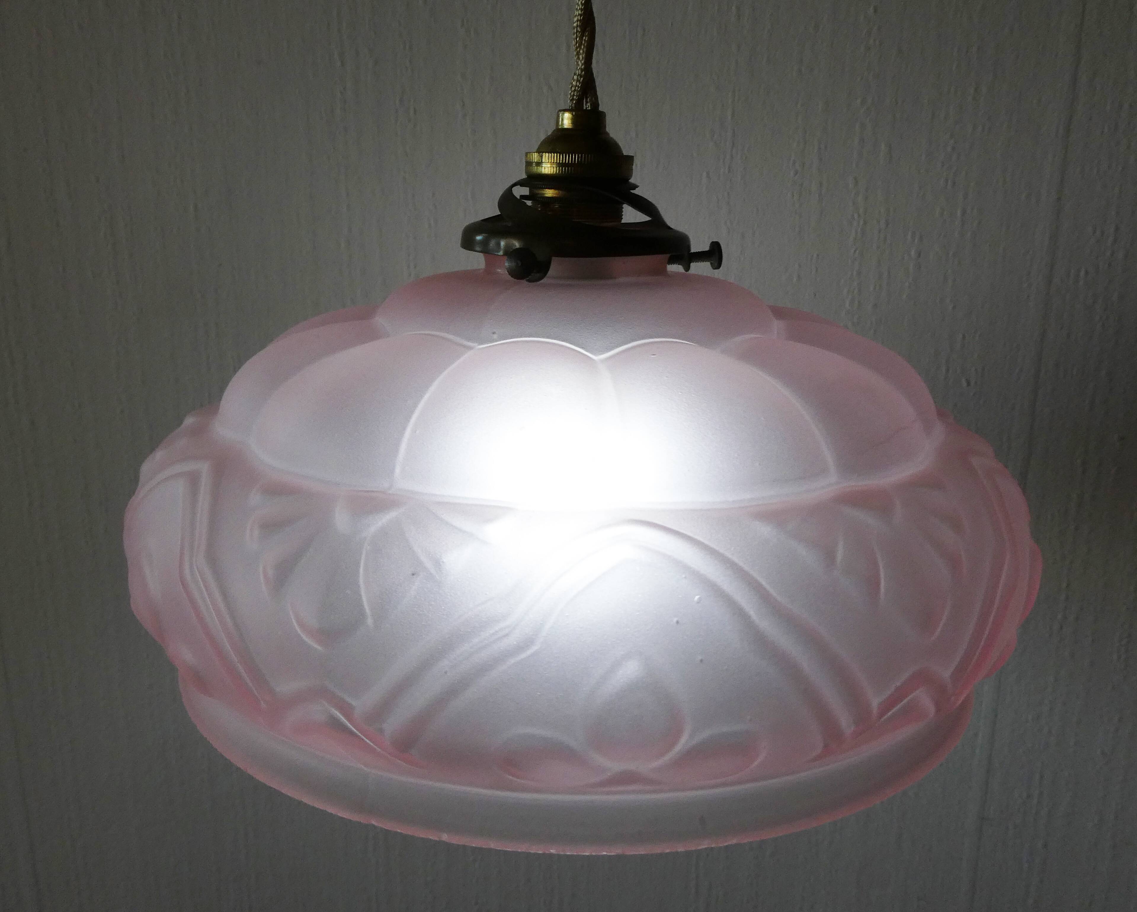 Art Deco pendant lamp in pink frosted glass