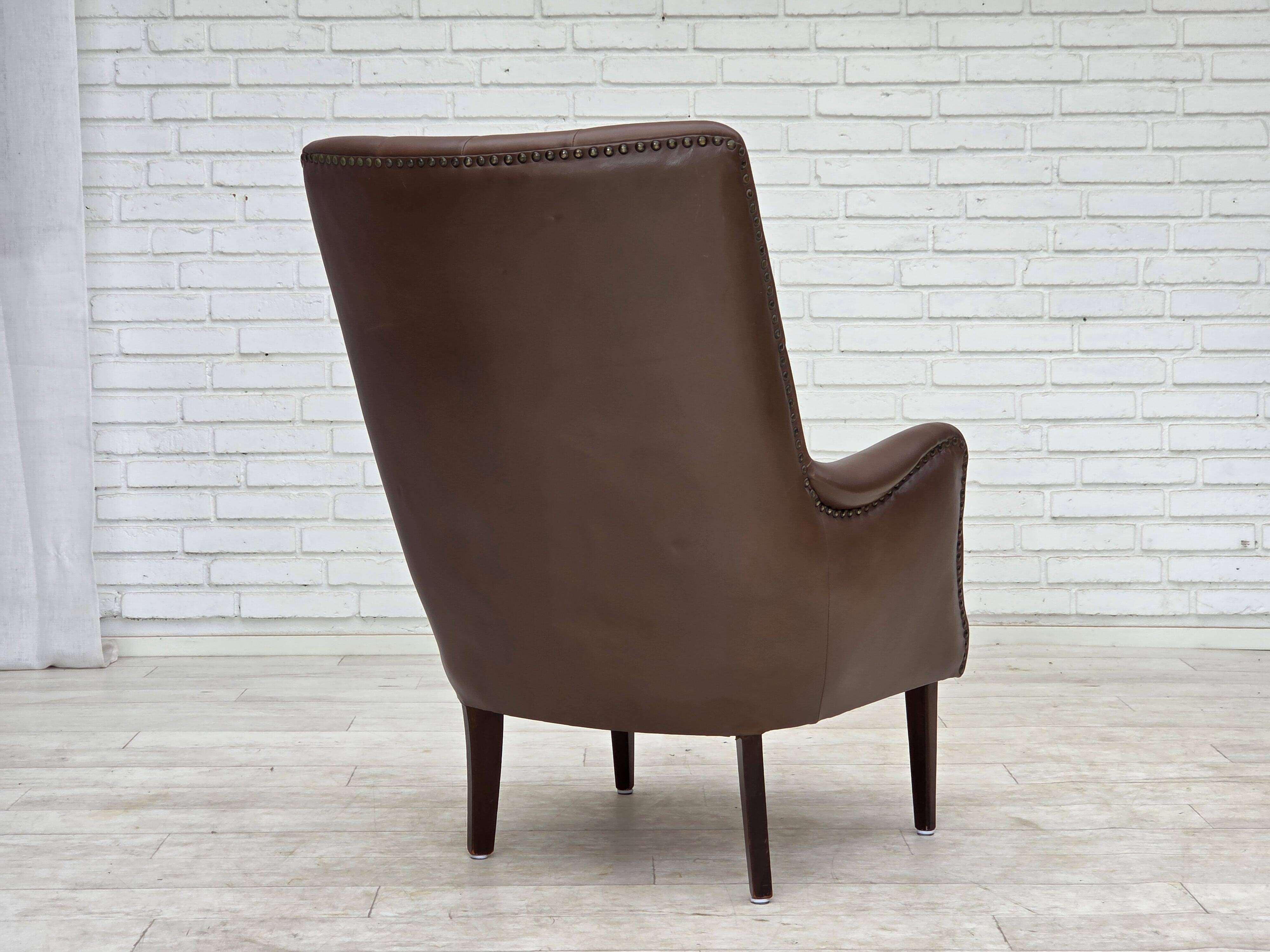 1970s, Danish armchair, original brown furniture leather.