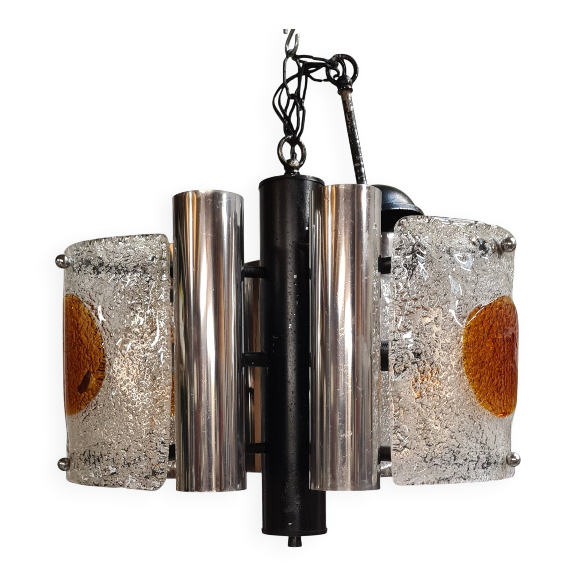 Murano chandelier 1970, Mazzaga chain 55x32x40 chrome and glass