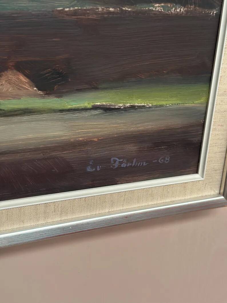 Oil on panel original Swedish - "House in a flat landscape" by Evert Färhm - Dated 1968 - vintage and framed - 81 × 68 cm (31.9" × 26.8")