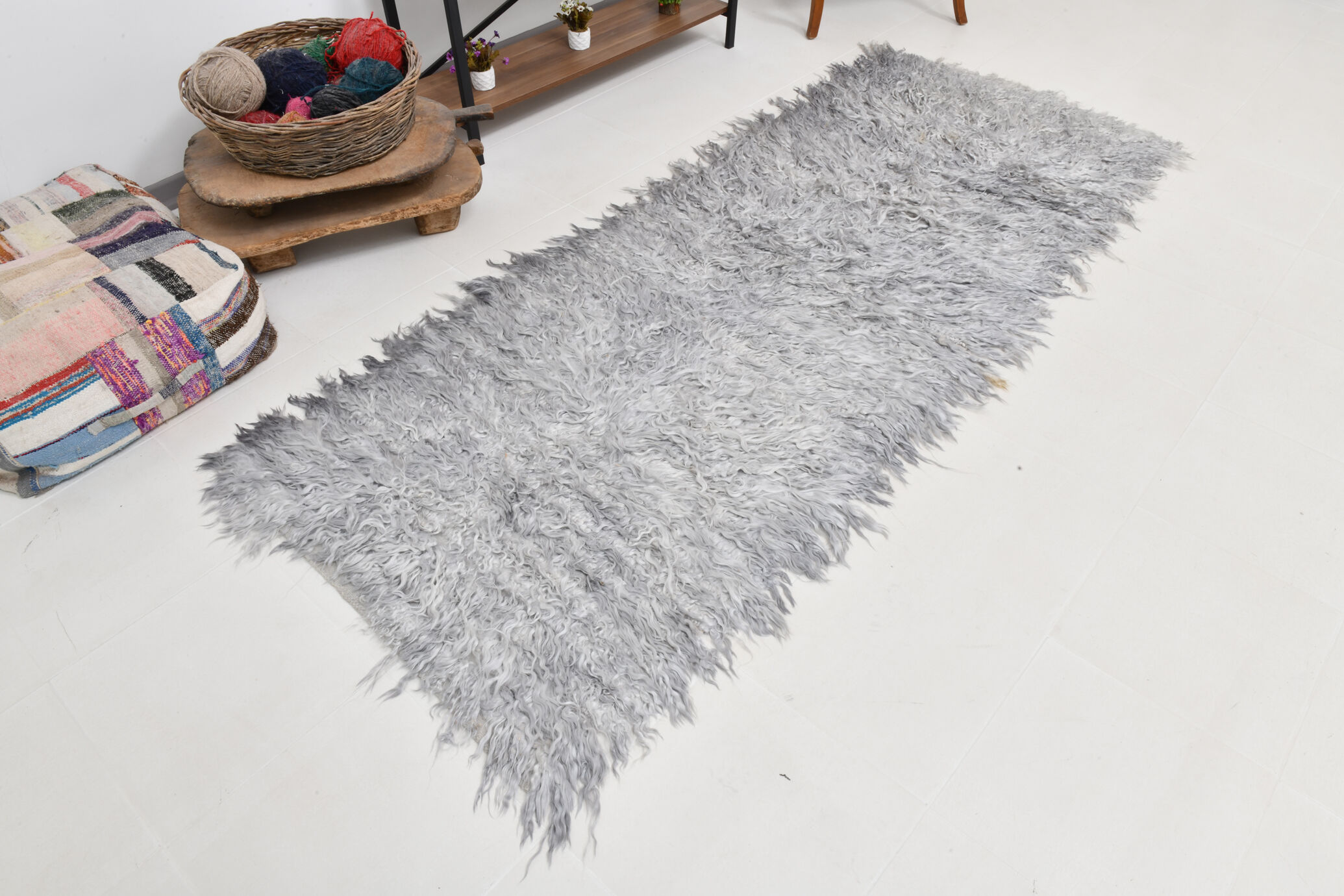 Wool gray turkish runner rug 262x96cm