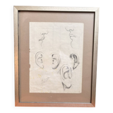 Old Charcoal Drawing Study Sketch Ear Mouth Face 1915 Signed