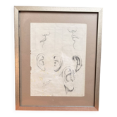 Ancien Dessin Fusain Etude Croquis Oreille Bouche Visage 1915 Signé