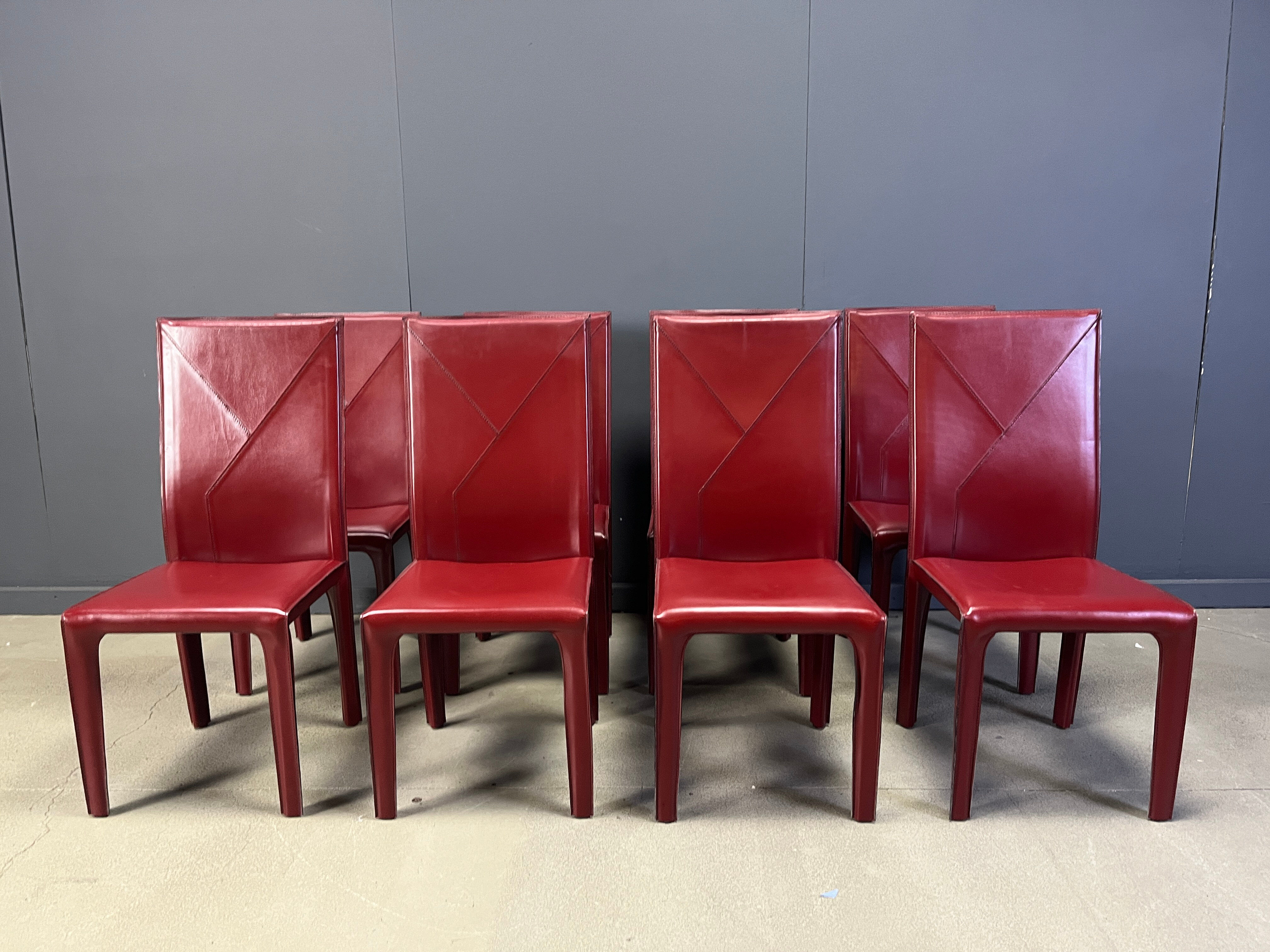 Red leather dining chairs by Roche Bobois France, 1980s - set of 8