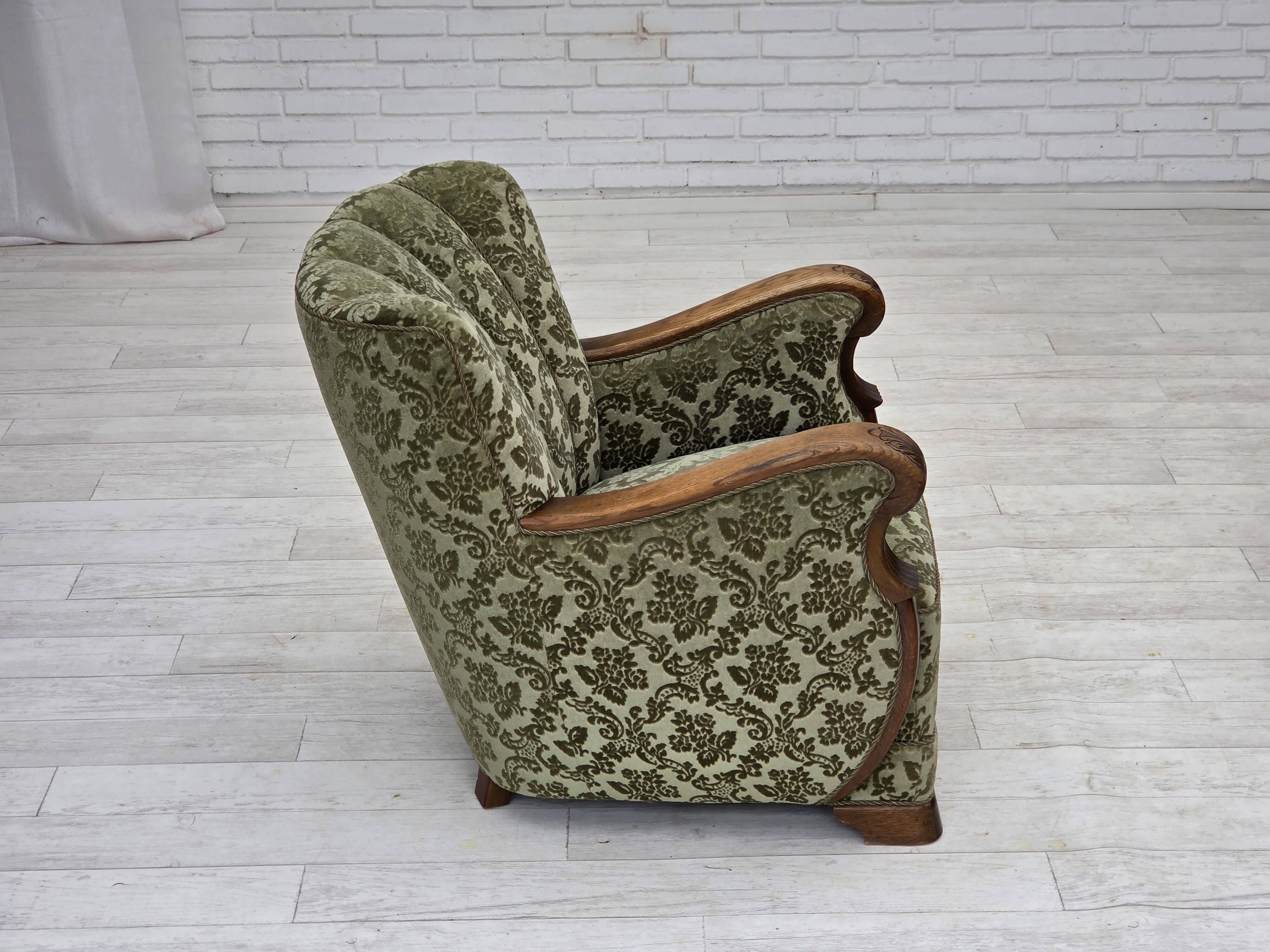 1960s, Danish armchair, green furniture velour, solid oak wood.