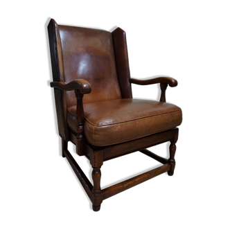 English high back cognac leather wingchair by Criterion cord