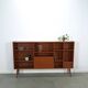 Deens teak brede LP kast met planken, lades en bar met spiegel