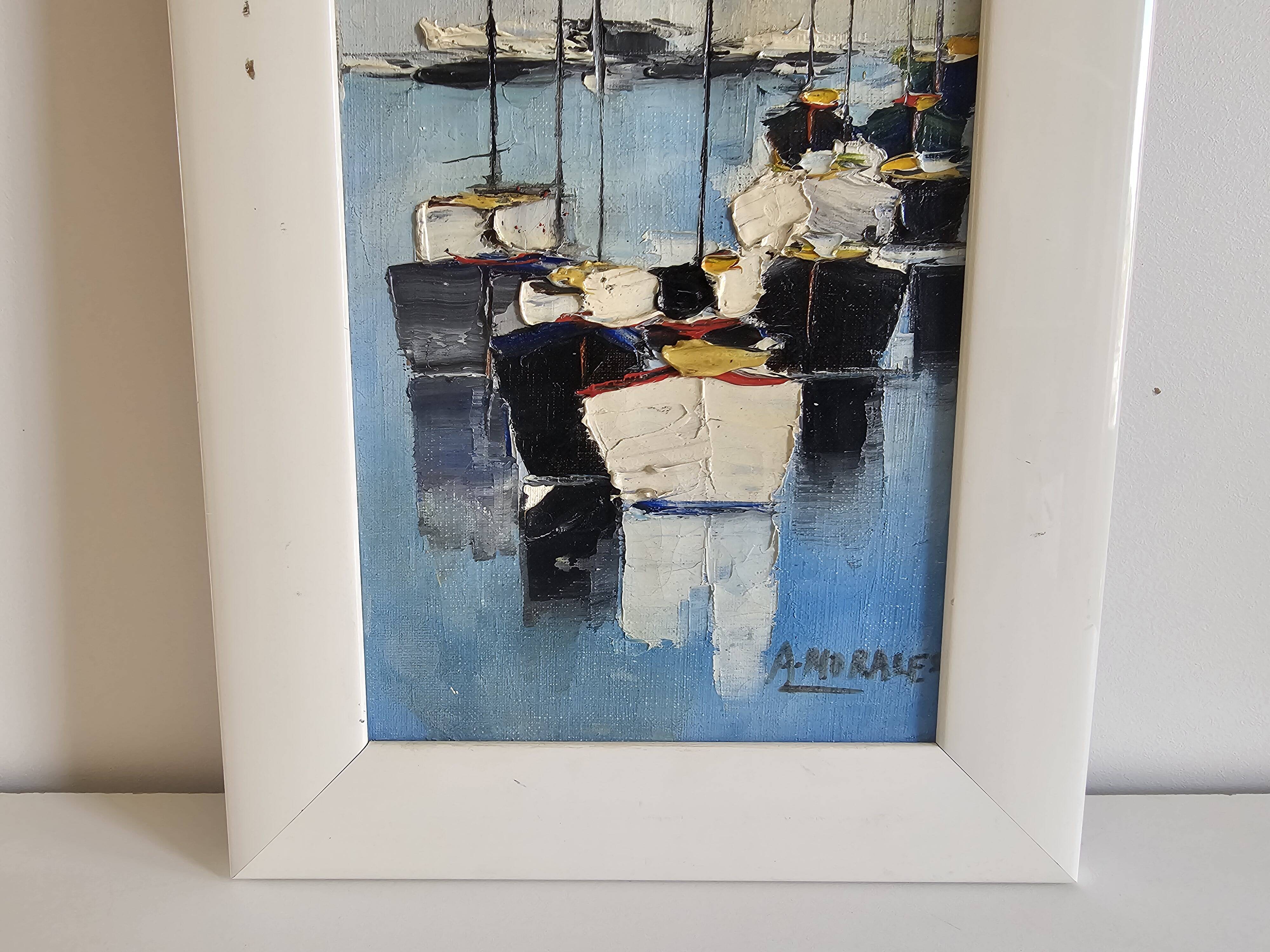 Oil on Canvas Painting Marine Landscape Sailboats at Anchor Signed Morales