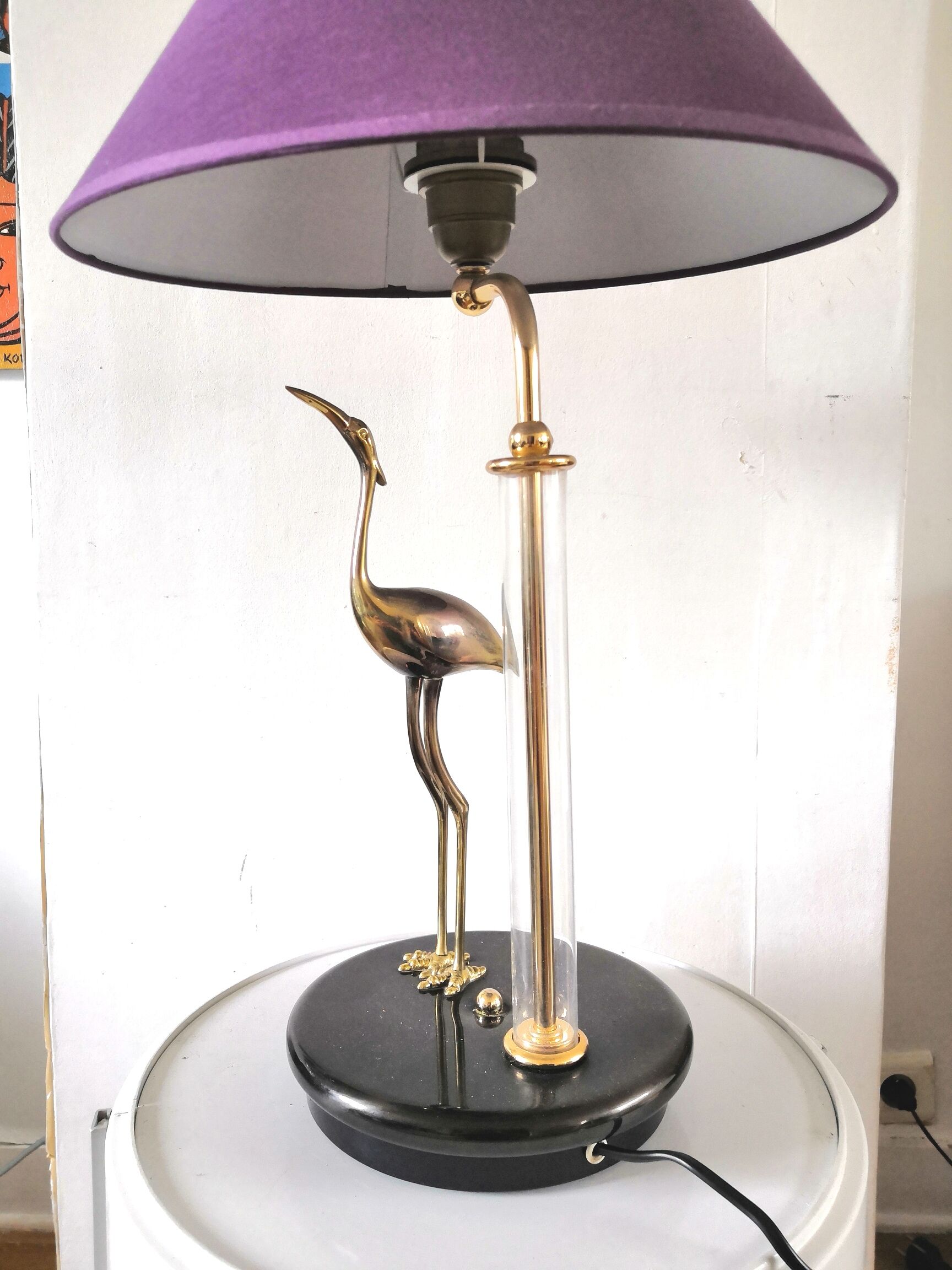 Lampe héron en laiton et tube verre design années 70