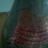 Brass vase, owl decoration, enamel inlays
