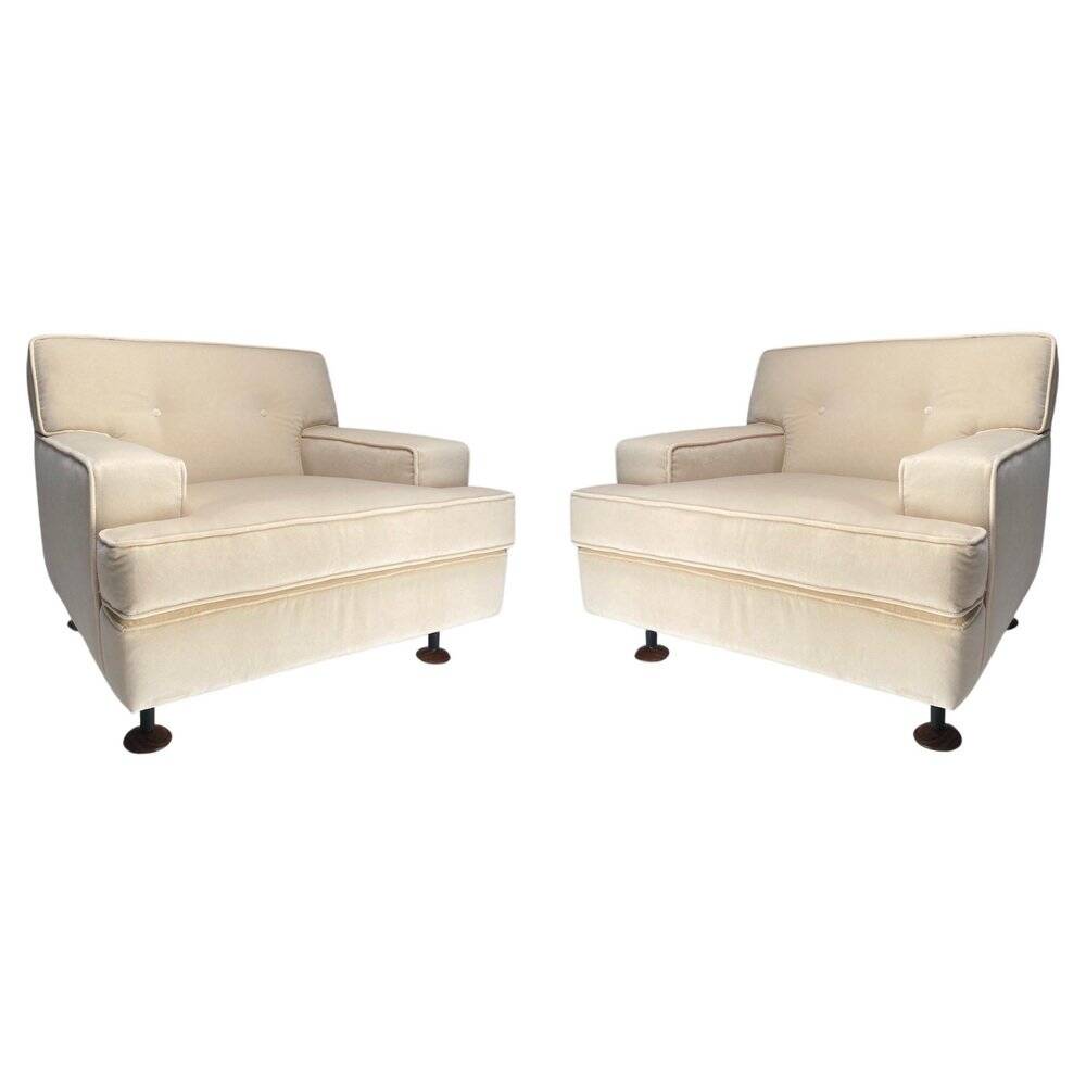 Paire de fauteuils carrés en velours blanc avec pieds en teck attribuées à Marco Zanuso pour Arflex, Italie, 1962