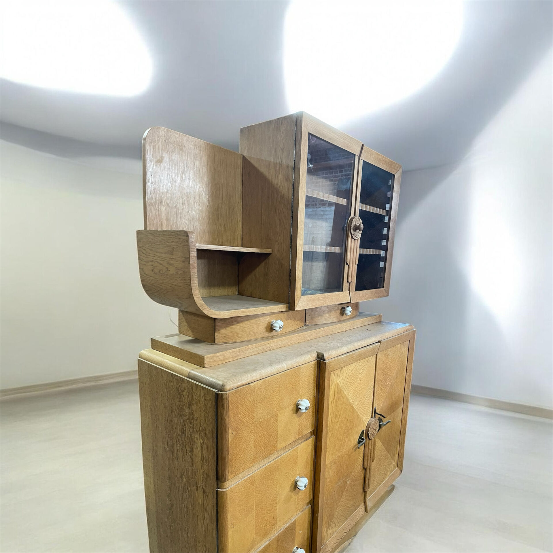 Art Deco two-body buffet in blonde oak - 1930s