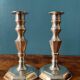 Pair of silver metal candlesticks