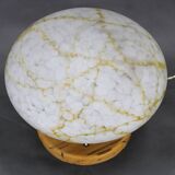 1940s Restored Brass Table Lamp with Wooden Base and Glass Shade