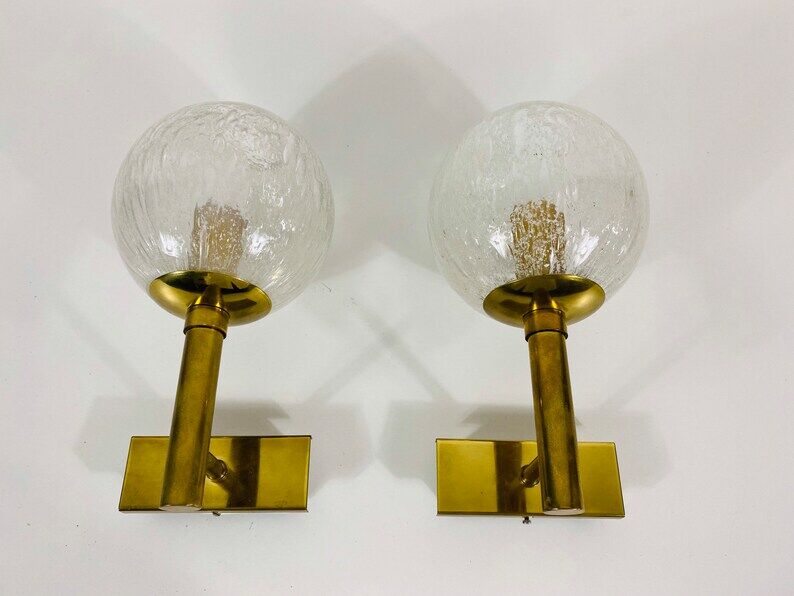 Pair of wall lamps in brass and glass Hillebrand, Germany 1960