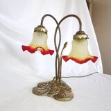 Brass water lily lamp and glass paste tulip, double, art nouveau style.