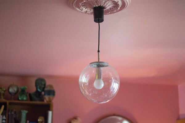 Suspension Glashütte Limburg vintage , boule verre bullé, lampe de plafond, lustre boule