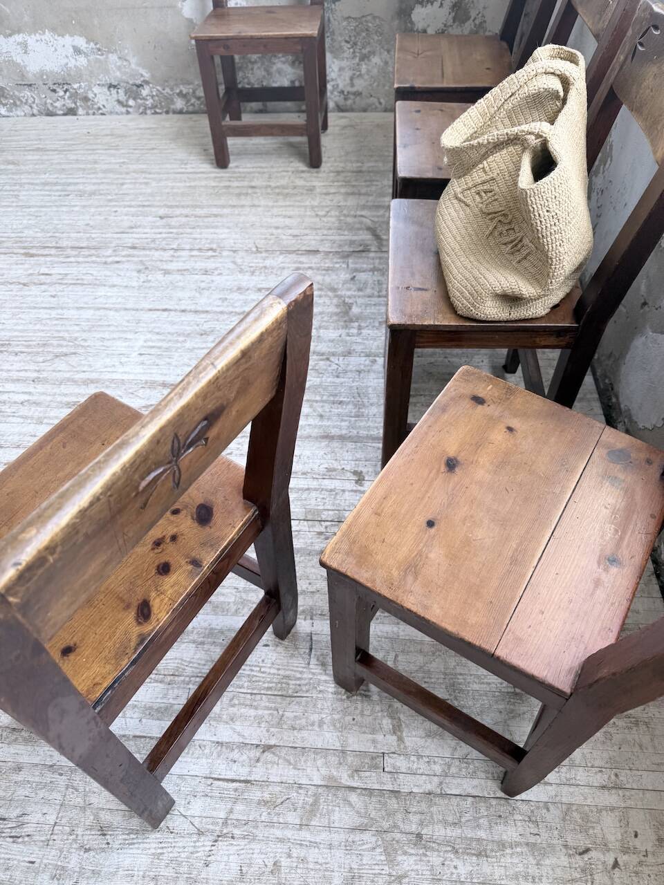 Set of 4 Savoyard pine folk art chairs from the 1950s.