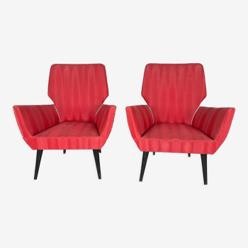 Mid-century modern pair of red armchairs. italy 1950s