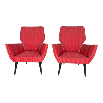 Mid-century modern pair of red armchairs. italy 1950s