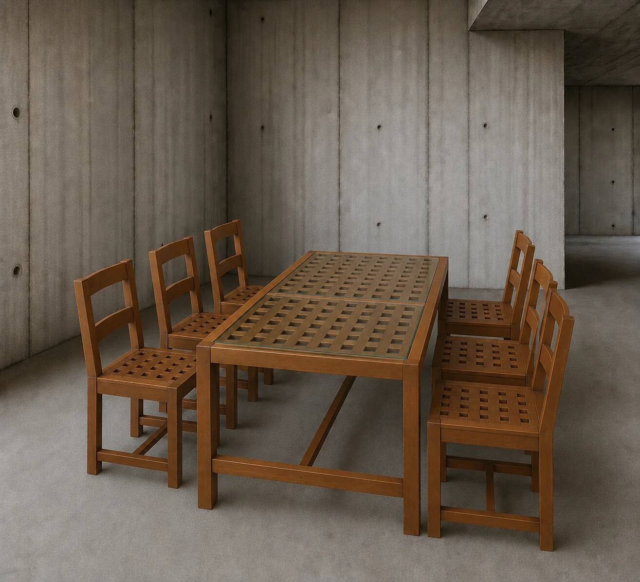 6 × chairs / dining table in oak / table openwork top / 2 inlaid glass panels / open woven leather seats / original set in very good condition / France 1950s