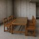 6 × chairs / dining table in oak / table openwork top / 2 inlaid glass panels / open woven leather seats / original set in very good condition / France 1950s