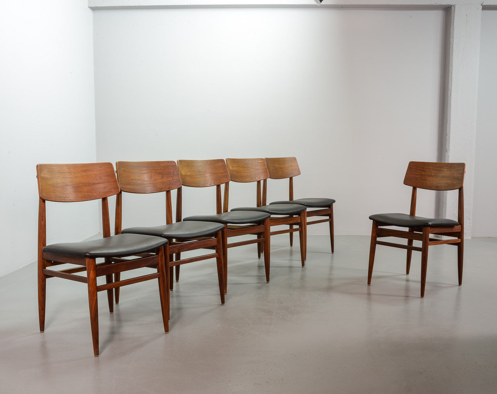 Danish Solid Teak Wooden Dining Chairs with Black Leatherette Seating 1960s