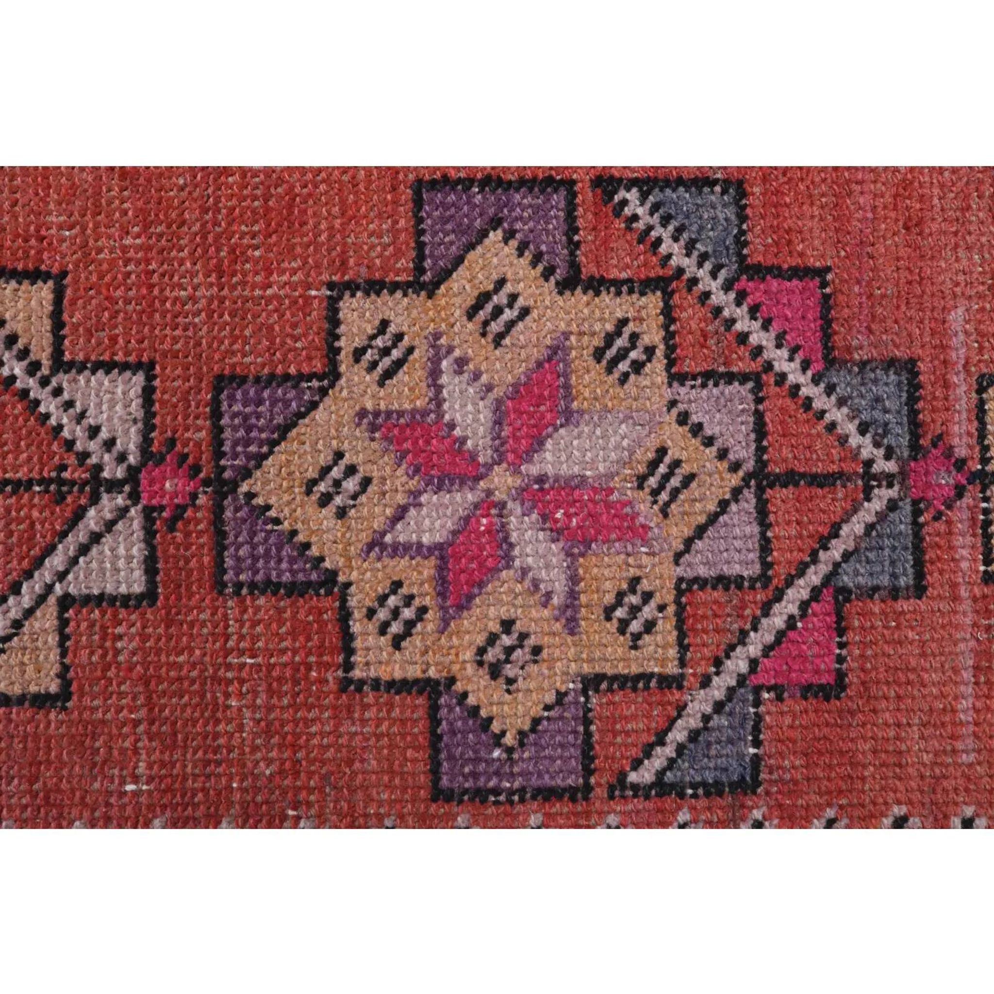 Vintage Turkish hand-knotted wool cotton red runner rug 83x362