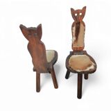 Chaises tripodes brutalistes en cuir de vache pour chat / étiquetées fabriquées en Espagne, dossier pliable, années 1960